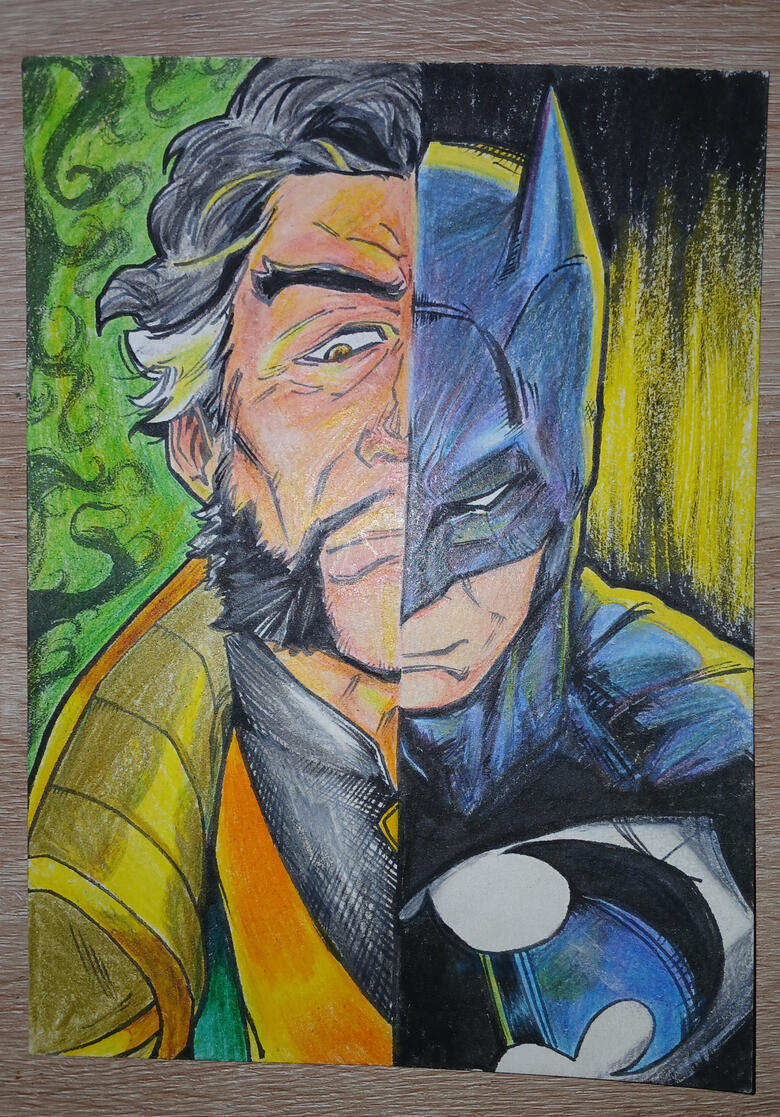 Ra's Al Ghul and Batman, pencil crayon and ink
